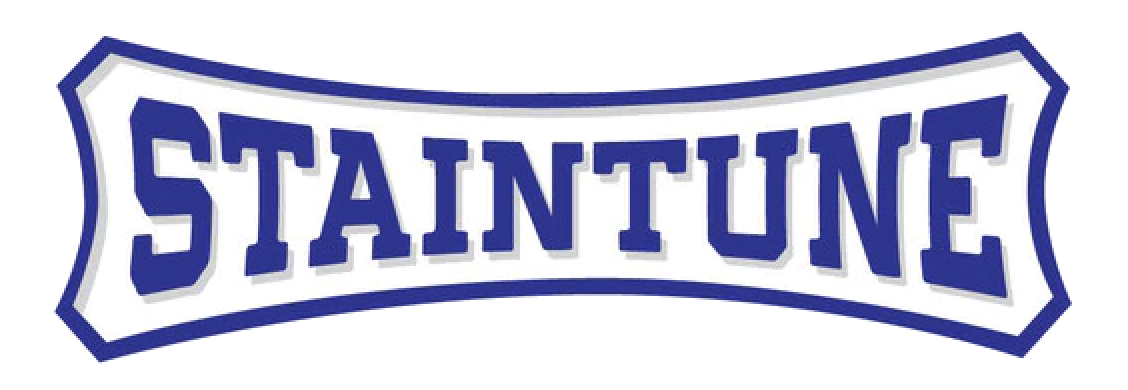 Blue, white and grey logo of Australian made Staintune stainless steel motorcycle mufflers, full systems and accessories.